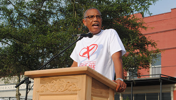DAILY LEADER / JULIA V. PENDLEY / Neddie Winters spoke at Mission Mississippi's prayer rally Sunday night. Winters, president of the statewide organization, encouraged parents, students, teachers and community members to stand strong in their faith through their actions.