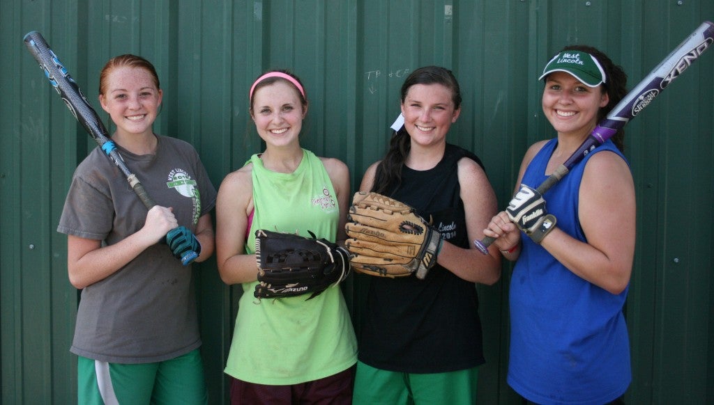 West Lincoln seniors (from left) Brianna Fauver, Micah Redd, Addie Spring and Malori Hall are eager to begin the 2014 slowpitch softball season. The Lady Bears debut Aug. 16, in a classic game against Franklin County in Meadville.