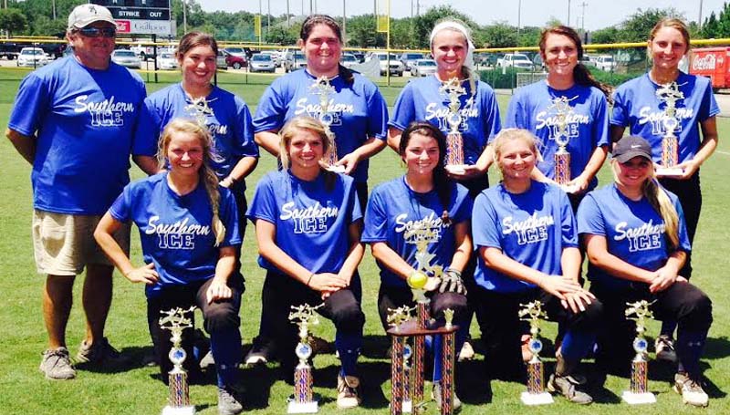 DAILY LEADER / Photo Submitted / SECOND PLACE FINISH - Southern Ice 18U fastpitch team recently wrapped up the Summer Season by taking 2nd place in the USFA Southern National in Gulfport MS. Team members are (front, from left) Adrienne Wallace, Mattie Avants, Kristen Byrd, Payton Sheffield, Brittany Barbay. (back) Coach Kenneth Wallace, Brooke Lagaist , Kamry Creel, Lucy Lewis, Lauren Brashier, McKenzie Brock. Not pictured Breanna McKenzie, Savannah Johnston, and Greta Carley.