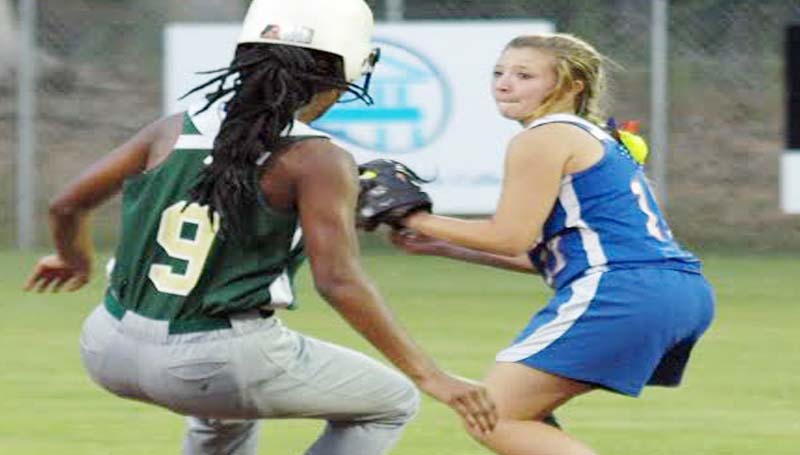 DAILY LEADER / TRACY FISCHER / Wesson second Baseman Brooke Jones steps on the bag to get South Pike runner Moriah Hurst (9) out at second Thursday night.