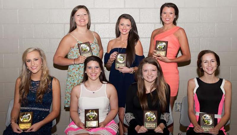 DAILY LEADER / TERESA ALLRED / The West Lincoln cheerleading squad was honored during a spring athletic banquet. Players receiving awards were (seated, from left) Madison Franklin, Highest Academic Average; Grace Williams, Rookie Award; Adrianna Laird, Most Improved; Carly Smith, Best Team Spirit; (standing) Anna Leigh Hennington, Best All-Around Cheerleader; Brittnee Blakeney, Co-Captains Award; and Carlee Doty, Captain Award.