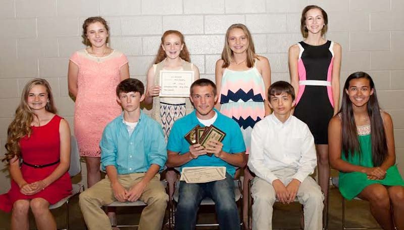 DAILY LEADER / TERESA ALLRED / The West Lincoln Cross Country team was honored during a spring athletic banquet. Players receiving awards were (seated, from left) Morgan Newman, Girls All-District, State Team; Baylie Hughes, State Team; Jason Watts, "Running' Bear" Award, Class 2A All-State Team in 3200 meters, District/Region 2A Champion in 1600 meters, District/Region/South State 2A Champion in 3200 meters, Most Outstanding Runner, Boys All-State, District/Region/South State 2A Champion. Boys All-Region, Boys All-District, State Team; Keith Burns, State Team, Megan Gerald, State Team; (standing) Jana Case, State Team; Georganna Allen, Girls All-Region, Girls All-District, State Team; Skylar Hall, State Team; Carly Smith, Girls All-District, State Team.