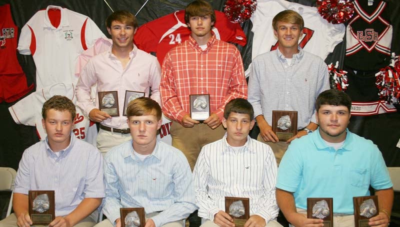 DAILY LEADER / MARTY ALBRIGHT / The Loyd Star Boys Soccer team was honored during a sports athletic banquet at the Lincoln Civic Center. Players receiving awards were (seated, from left) Bryson Brister, Mason Falvey, Most Improved; Blayne Brister, Most Valuable Offense, All-District Award; Lane Rogers, Rookie Award, Coaches Award, All-District Award; (standing) Jordan Michel, Most Valuable Midfielder, Hornet Award, All-District Award, Team Captain; Brett Calcote, Most Valuable Defense; and Hayden Brownlee, Most Valuable Player, All-District Most Valuable Goalie, Team Captain.