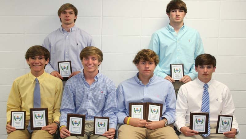 DAILY LEADER / MARTY ALBRIGHT / The Brookhaven Academy Boys basketball team was honored during the school's athletic banquet. Players receiving awards were (seated, from left) Drake Flowers, Senior Leadership Award, All-Conference Team; Trent Nettles, Defensive Player of the Year, All-Conference Team; Peyton Hood, Most Valuable Player, All-Conference Team, MAIS All-Star; Caleb Brown, Offensive Player of the Year, All-Conference Team; (Standing) Austin Smith, All-Conference Team; and Ross Felder, All-Conference Team.