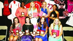 The Loyd Star Girls Basketball team was honored during a spring athletic banquet. Players receiving awards were (seated, from left) Megan Givens, Senior Award, Best Free Throw Shooter; Marcey Givens, Most Valuable Player, Senior Award, Scholastic Award, Most Three Pointers, Best Offensive Player; Victoria Cupit, Senior Award, Most Assists; Faith Bergeron, Most Improved; (standing) Jordan Shelby, Best Rebounder; Hannah Dickerson, Best Attitude, Best Defensive Player; Makenzie Smith, Most Improved; and Toni Banks, Miss Hustle