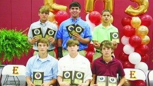 The Enterprise Baseball was honored during the school’s athletic banquet. Players receiving awards were (seated, from left) Zach Hodges, Mr. Clutch Award; Tanner Waldrop, Rookie Award, All-District; Brady Watts, Best Defensive Player, All-District; (standing) Landon Gartman, Pitching Award, All-District; Hunter Richardson, Best Offensive Player, All-District; Cade Feltus, Most Improved. 