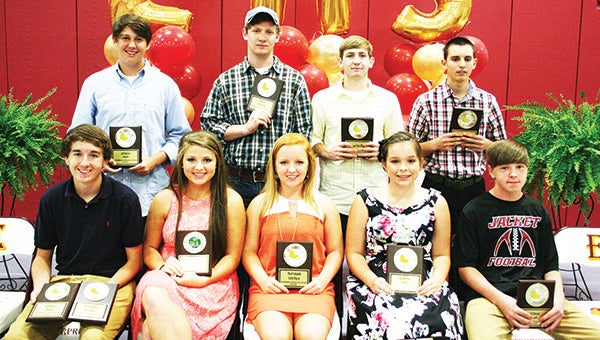 The Enterprise Tennis team was honored during the school’s athletic banquet. Players receiving awards were (seated, from left) Noah McKone, Most Valuable Boy, All-District; Courtney Greer, Most Improved; Mylaine McCaffrey, Most Valuable Girl; Carlin Nations, All-District; Cody Leggett, All-District; (standing) Wyatt Coleman, All-District; Riley Falvey, Newcomer Award; Tyler Gill, Best Net Player; and Dalton Russ, Coaches Award.