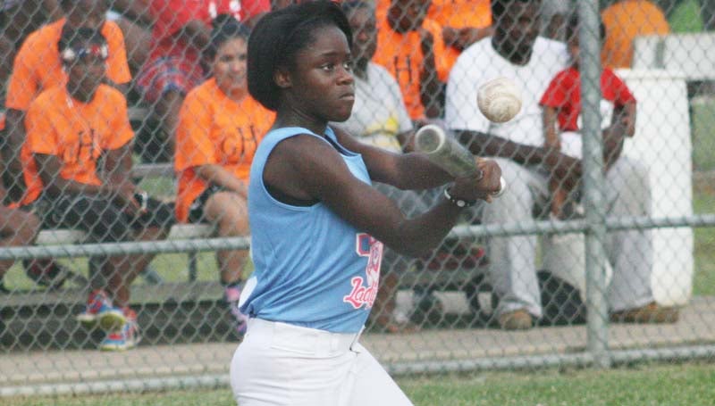 DAILY LEADER / MARTY ALBRIGHT / Tiara Johnson provides a big hit for the J&S Trucking softball team at Dr. A.L. Lott Field.