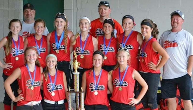 DAILY LEADER / Photo submitted / SLAM 01 recently competed in the 2015 Class C State Tournament in McComb and won first place in the 18U division. Slam will advance to play in the Class C World Series on July 20-24 at Panama. Members of the Slam team are (front row, from left) Johnna Norman, Madison Moak, Carlee Nations, Josey Nations; (middle row) Karly Leake, Kat Wallace, Maddux Kirkland, Mary Kate Bates, Karlie Johnson, Haley Nations, Jana Nations; (back row) Coach Dee Bates, Coach Jason Leake and Coach Brian Moak.