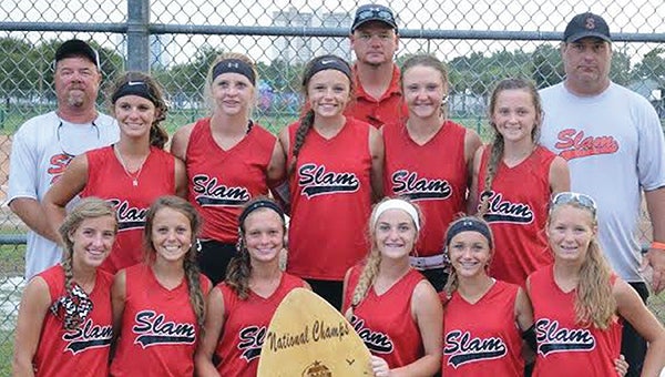 SLAM 01 recently won the Panama City 14-under World Series. Members of the Slam team are (front row, from left) Kat Wallace, Karlie Johnson, Carlee Nations, Mary Kate Bates, Madison Moak, Josey Nations; (middle row) Jana Nations, Maddux Kirkland, Haley Nations, Johnna Norman, Karly Leake; (back row) Coach Brian Moak, Coach Jason Leake and Coach Dee Bates.  