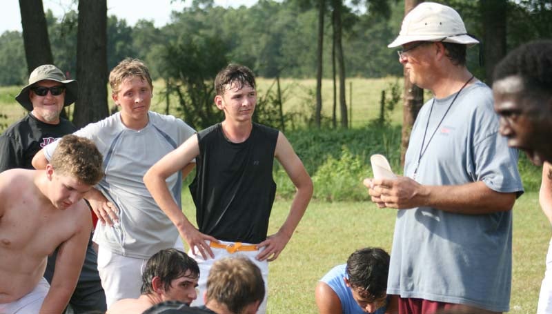 DAILY LEADER / MARTY ALBRIGHT / Enterprise head coach Brooks Burns speaks to his players during practice Thursday. The Jackets are ready to kick off their season Aug. 21 as they travel to Ethel to battle the Ethel Tigers at 7 p.m.