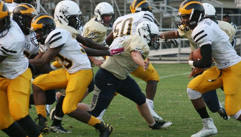 DAILY LEADER / MARTY ALBRIGHT / Bogue Chitto's defensive lineman Kolby Hart plows through the line to tackle Amite County's runningback.