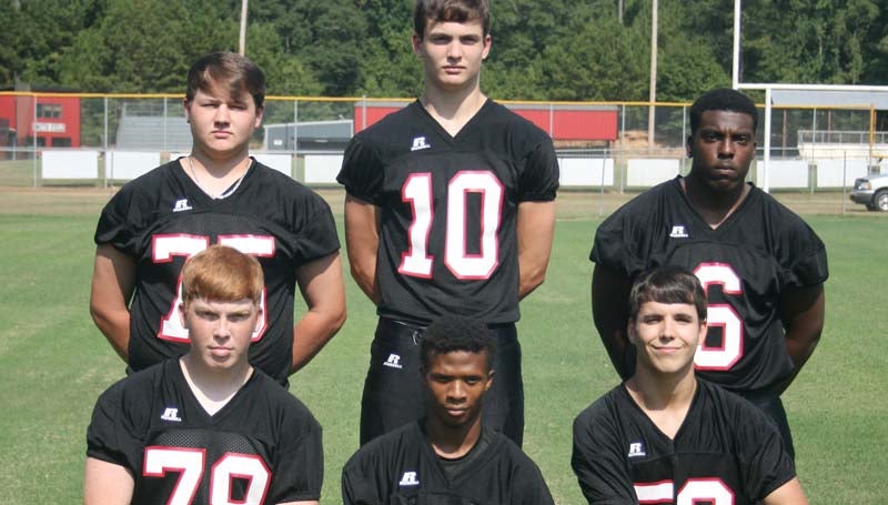 DAILY LEADER / MARTY ALBRIGHT / HORNET ELDERS -- Seniors playing football for the Loyd Star Hornets are (from left, kneeling) Tyler Smith, Terril Lloyd, Brandon Cade; (standing) Zach Cain, Shay Hodges and Anfernee Claire.