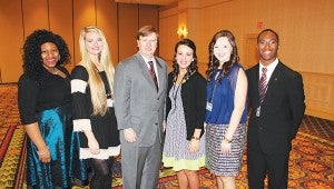 Pictured (from left) Alexis Carr, Katherine Shell, Lt. Gov. Tate Reeves, Brooke Myers, Brooke Wells and Marcus Durrell Jr. at the leadership conference in Jackson.  Lt. Governor Reeves had just spoken to the group of 60 students, all chosen as leaders from across the state of Mississippi. 