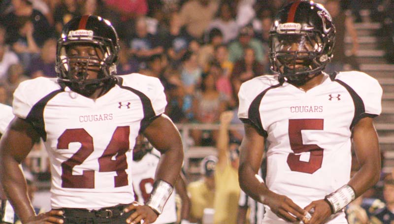 Daily Leader / Marty Albright / Lawrence County's offensive duo Quitten Brown (24) and Charl'Tez Nunnery (5) had a big night against South Pike. Brown rushed for 140 yards. While Nunnery threw for 173 yards and rushed for 100 yards to extend their winning streak to seven games.