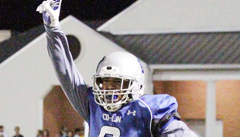 Co-Lin Media / Natalie Davis / Sophomore Joseph Este celebrates the game-saving interception in the end zone with 15.4 seconds left in the game to preserve Co-Lin's 17-14 win over Jones County.