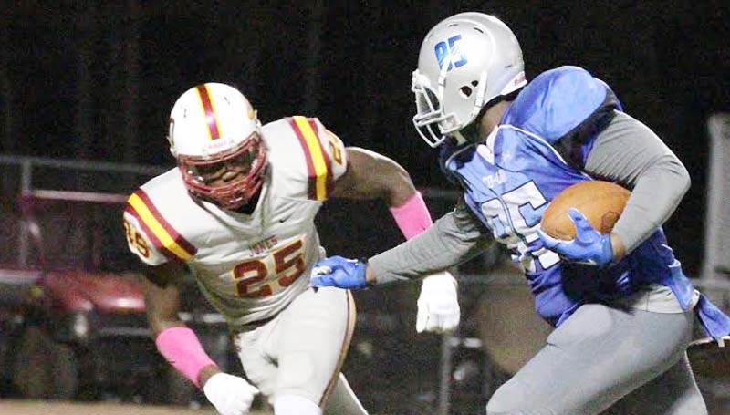 Co-Lin Media / Natalie Davis / Co-Lin’s tight end Matias Robinson (85) rambles 32 yards past Jones County's Denver Magee for the touchdown Thursday night in JUCO football action.