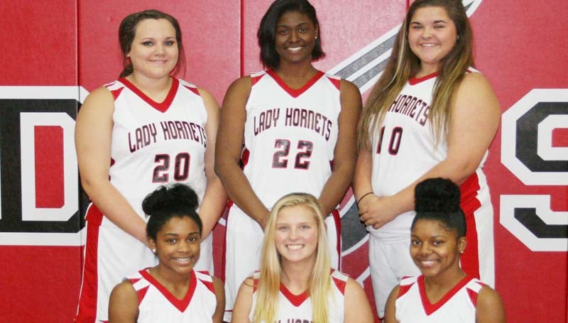 Daily Leader / Marty Albright / Seniors representing the Loyd Star Lady Hornets in the 2015-16 basketball season are (kneeling, from left) Caitlyn Beard, Hannah Dickson, Toni Banks; (standing) Carlie Case, Jordan Shelby and Mandy Russell