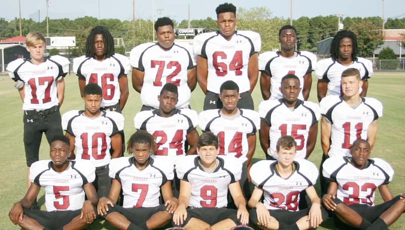 Daily Leader / Marty Albright / LCHS JUNIOR - Juniors playing football for the Lawrence County Cougars are (from left, front row) Charl'Tez Nunnery, Josh Knight, Drew Nelson, Walt Lowe, Andrew Beverly; (middle row) Kemarcus Brown, Quitten Brown, Zevohn Smith, Marcus Atterberry, Azar Myles;(back row) Gage White, Jarquez Nichols, Malik Dampeer, Corbin Lewis, A.J. McLaurin and Kenjaric Cunningham. The Cougars invade Vancleave to battle the Bulldogs in the third round of the Class 4A playoffs. Kick off is at 7 p.m.