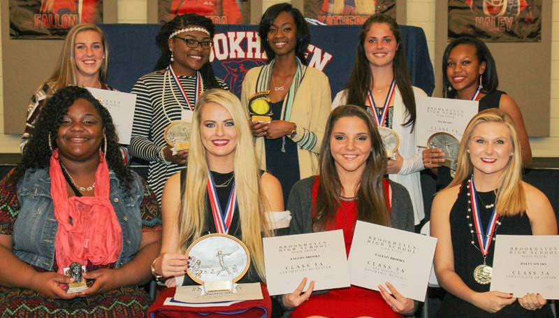 Daily Leader / Lucy Shell / Receiving awards at the Brookhaven High School annual slowpitch awards banquet were (front, from left) Dameda Rancifer, Panther Award; Katherine Shell, Most Valuable Player, Scholar Award, Team Captain, "B" blanket, All-District; Fallon Brooks, Honorable Mention All-District, Haley Speaks, Team Captain, All-District; (back row) Kat Wallace, Hustle Award, All-District; Jada Henderson, Most Valuable Offensive Player Award, All-District; Cheyenne Motley, Most Improved, Honorable Mention All-District; Macy Ziskin, Most Valuable Infield Defensive Player, All-District; Tia Bussey, Most Valuable Outfield Defensive Player, All-District.