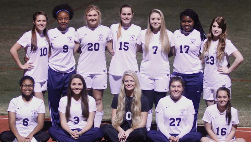 Daily Leader / Lucy Shell / Senior girls playing soccer for Brookhaven Lady Panthers are (front, from left) Ariel Catchings, Fallon Brooks, Katherine Shell, Emily Mezzanares, Mariah Johnson, (second row) Alyssa Canon, Artia Robinson, Haley Speaks, Leona Smith, Joey Davis, Ilka Stewart and Elaina Madison. Not pictured is Carlie Reeves. Ole Brook is coached by coach Kevin Bower and his assistants coaches are Anjan Karmacharya and Aaron Ayers.