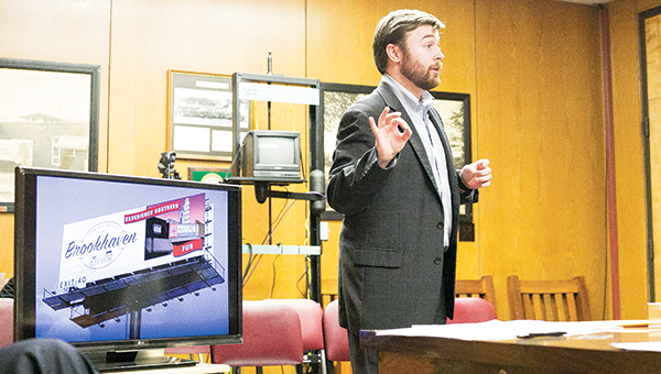 Photo by Kaitlin Mullins / Tyler Raborn of Raborn Media in Jackson presents to the board a comprehensive look at what the marketing company has created for the branding and promotion of Brookhaven on Tuesday.