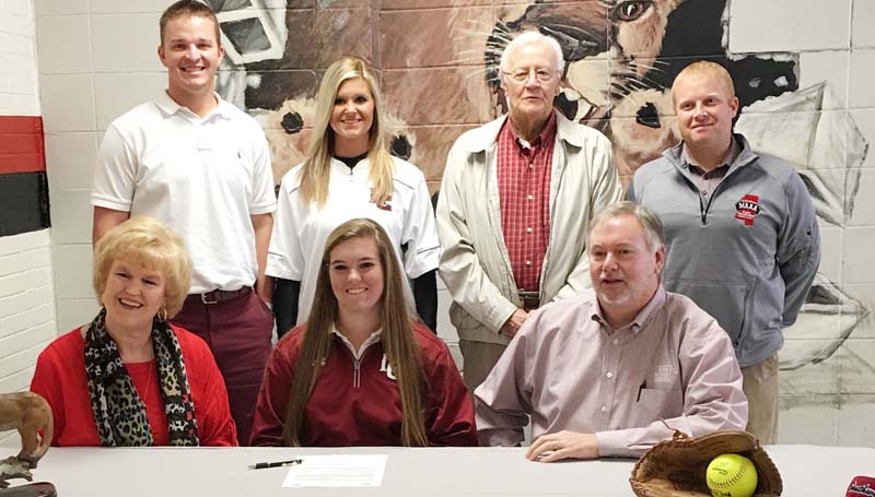 Daily Leader / Photo Submitted / Lawrence County's Jordan Harp has signed a softball scholarship with the Southwest Community College Lady Bears. Present for the ceremony were her parents (seated) Hershel and Jana Harp. Standing is Lawrence County Assistant Coach Marc Howard, Lawrence County Head Coach Meleah Howard, her Grandfather, Robin B. Penn, and Lawrence County Athletic Director Corey Keyes.
