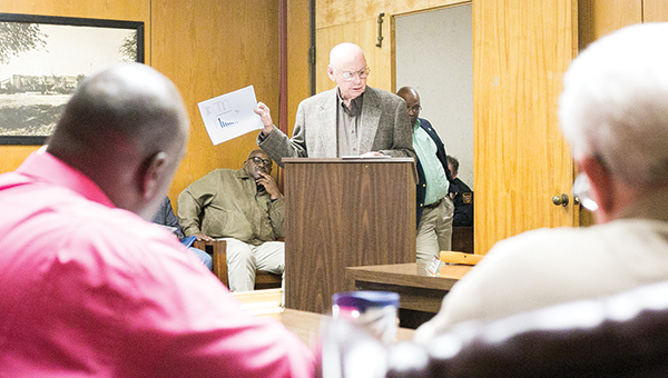 Photo by Kaitlin Mullins / Johnny Perkins addresses the board during Tuesday night’s Board of Aldermen meeting about his concerns over Brookhaven’s murder rate.
