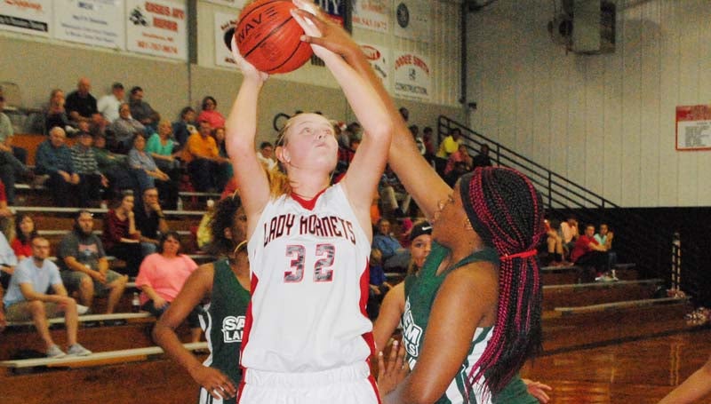 Daily Leader / Marty Albright / Loyd Star's Hannah Dickerson (32) shoots a jump shot over a Salem defender Monday night.