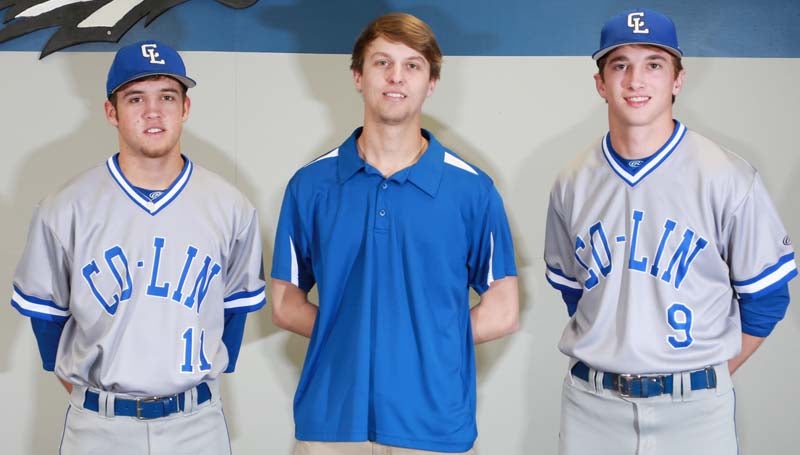 Co-Lin Media / Natalie Davis / Co-Lin's Lincoln County players Steven Ginn (11), Alex Stafford (manager) and Jackson Cole (9) are ready to begin the 2016 season for the Wolves Tuesday.