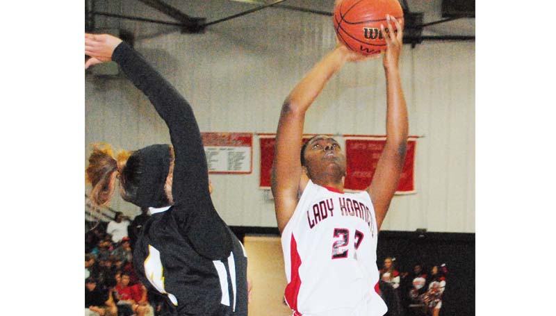 Daily Leader / Marty Albright / Loyd Star's Jordan Shelby (22) shoots a jump shot over Amite County's Deboney Wilson (4) Tuesday night in girls' action.