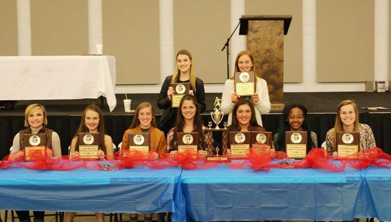 Daily Leader / Photo submitted / Brookhaven Lady Panthers receiving special awards at Tuesday night's Ole Brook Soccer Banquet were (seated, from left) Carlie Reeves, Hustle Award; Madi Miller, Most Improved Offense; Kat Wallace, Most Valuable Offense, Macy Ziskin, Most Valuable Player; Emily Mezzenares, Scholastic Award, Most Valuable Defense; Artia Robinson, Most Improved Defense; Leona Smith, Coaches Award; (back) Saylor Smith, Rookie Award; Bree Allen, Junior Varsity Most Valuable Player. Not Pictured: Joey Davis, Scholastic Award.