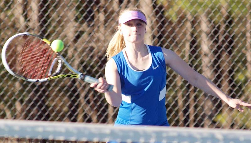 Daily Leader / Tracy Fischer / Wesson's Maya Granger returns a serve in Mixed Doubles action Wednesday against Enterprise.