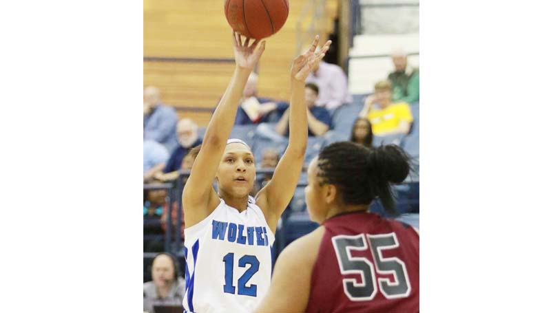 Co-Lin Media / Photo courtesy of Lee Adams, Itawamba Sports Information / Co-Lin's Jamilah Sanders shoots a jump shot over an Holmes defender in women's JUCO Region 23 tournament action at Clinton.