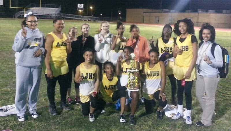 Daily Leader / Photo submitted / The Alexander Junior High girls' track and field team captured first place overall Tuesday as they hosted an Invitational at King Field. Members of the team are (kneeling, from left) Amiani Walton, Genesis Frazier, Jashunna Finley, Ashanti Louis, (standing) Jami Dawson, Ah'Menya Rancifer, Emmaline Wolfe, Bailey Pounds, Maryrhea Waterloo, Jakiyah Pendleton, Akira Brown, Zakarria Hill, Silentianna Collins and Coach Shonique McLaurin.