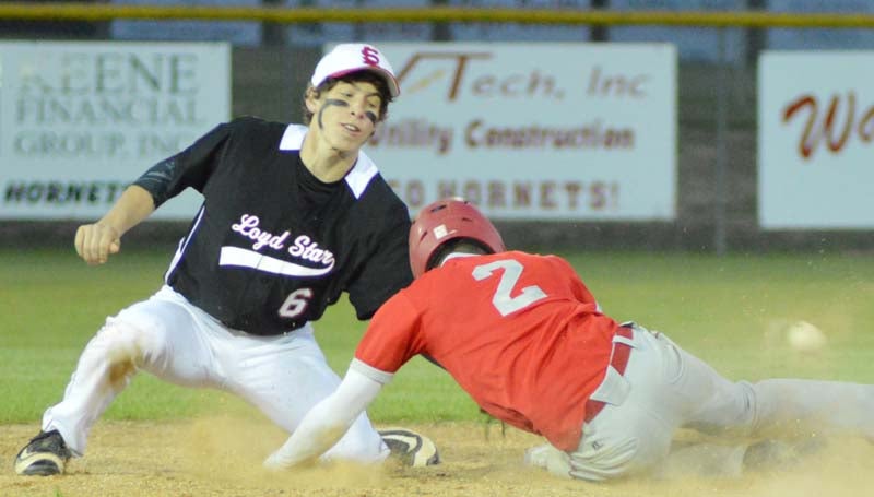 Daily Leader / Chris King / Loyd Star's shortstop Cade Hodges records the out at second baseball in baseball action against Prentiss Tuesday night.
