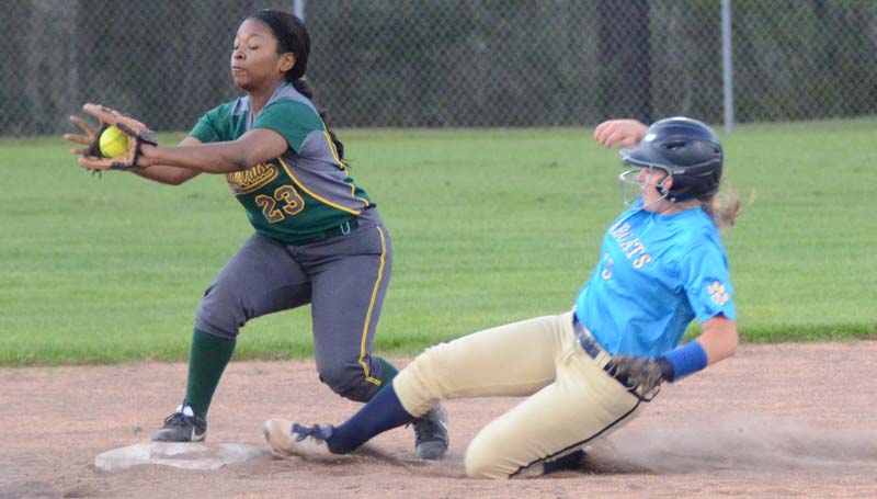 Daily Leader / Marty Albright / Salem's second baseman Zoie Bridges (23) secures the out at second just in time as Bogue Chitto's runner Reagan Kirkland (15) slides in.