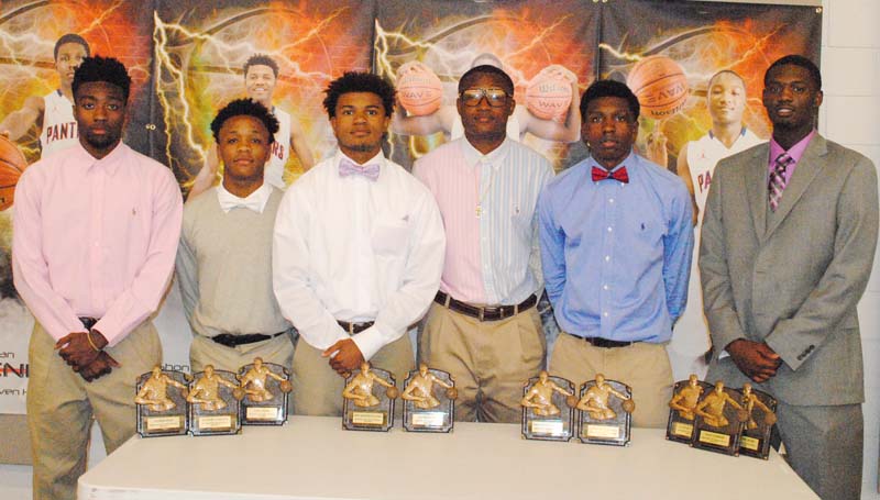 Daily Leader / Marty Albright / Brookhaven Panthers receiving special awards at Monday night's basketball banquet were (from left) Damarius Brooks, Panther Award, All-Region 6-5A; Danarius Gray, Sixth Man Award; Shon Blackwell, Best Defensive Player; Garrick Smith, Best Rebounder; Lazorian McNulty, Best Offensive Player, All-Region 6-5A; and Darrian Wilson, Scholastic Award, Best Leadership Award, All-Region 6-5A.
