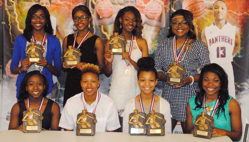 Daily Leader / Marty Albright / Brookhaven Lady Panthers receiving special awards at Monday night's basketball banquet were (from left, seated) Johnique James, Panther Award; Mya Washington, Most Valuable Offensive Player; Taylor Carter, Most Improved Player, All-Region 6-5A; Tamia Stallings, Best Rebounder; (standing) Arnancy Arnold, Scholastic Award; Asia Byrd, Hustle Award; Cheyenne Motley, Most Valuable Defensive Player; and Jada Henderson, All-Region 6-5A.