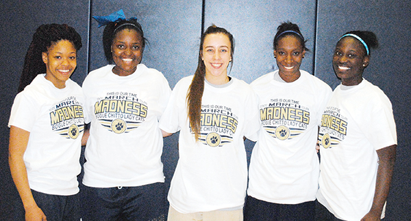 Photo by Marty Albright Bogue Chitto seniors (from left) Shakirianna Jefferson, Christian Black, Karlie Williams, Zariah Matthews and Pertashia Henderson battle the West Union Lady Eagles today at Jackson State University.
