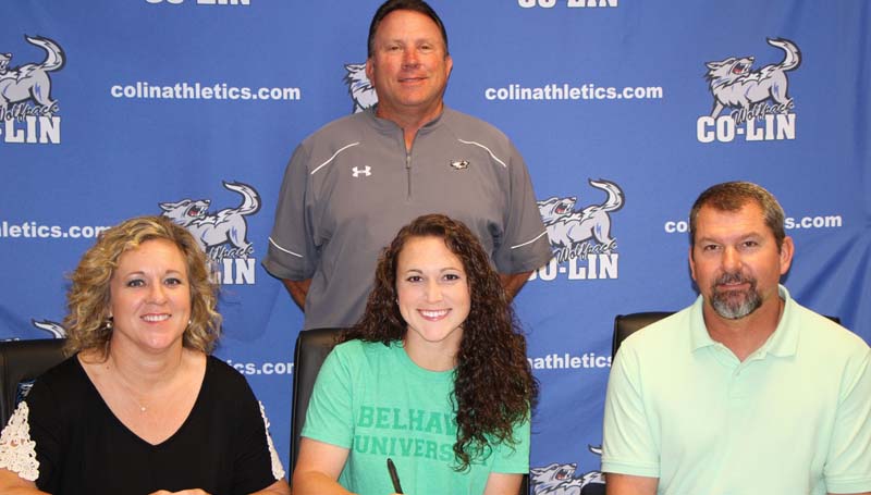 Co-Lin Media / Natalie Davis / Copiah-Lincoln Community College sophomore infielder Lauren Brashier has signed with the Belhaven University Lady Blazers. Brashier, a utility player from Laurel, has started every game this season at second base. Currently, she is second on the team in hits (45), fourth on the team in batting average (.437), tied for the lead in doubles (11), while only striking out four times. Brashier, a Heidelberg Academy product, was named Mississippi Association of Community and Junior College Second Team All-State her freshman year. Pictured with Brashier are her parents Nancy and Dwayne Brashier and Co-Lin head coach Allen Kent.