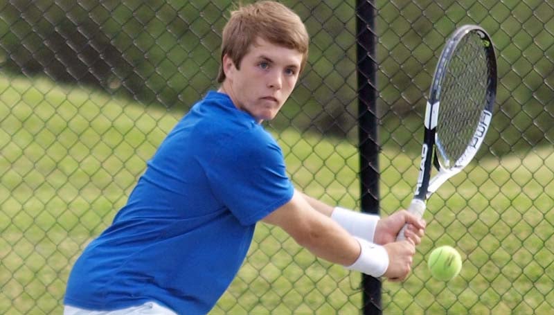 Daily Leader / Tracy Fischer / Wesson Reid Crow returns a serve in boys' double action against West Lincoln Wednesday at the Brookhaven Country Club.