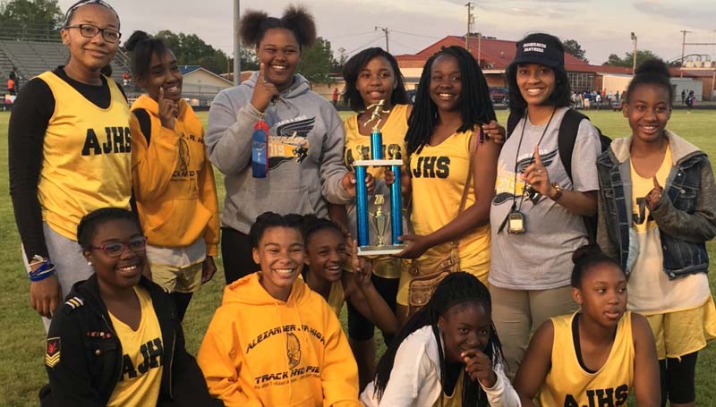 Daily Leader / Photo submitted / The Alexander Junior High Lady Panthers won district and the boys finished third overall in district in track. The girls finished in first place out of seven competing teams. Members of the Alexander girls team are (kneeling, from left) Jordan Wilbert, Amiani Walton, Genesis Frazier, Zakarria Hill, and Akira Brown; (standing) Jami Dawson, Jakiyah Pendleton, Ah'Menya Rancifer, Ashanti Louis, Helena Jointer, coach Shonique McLaurin and Jamira Jackson.