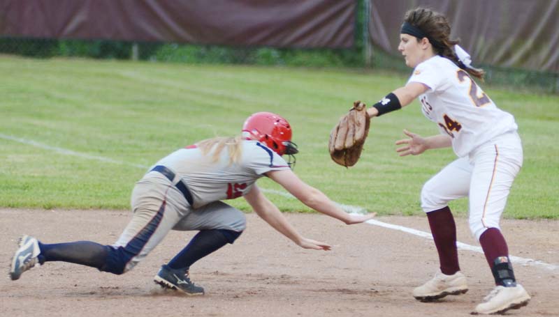 Daily Leader / Marty Albright / Enterprise's second baseman Jana Nations tags out South Jones' pinch runner Ashlynn Whitehead on a pick off play at first base Monday night.