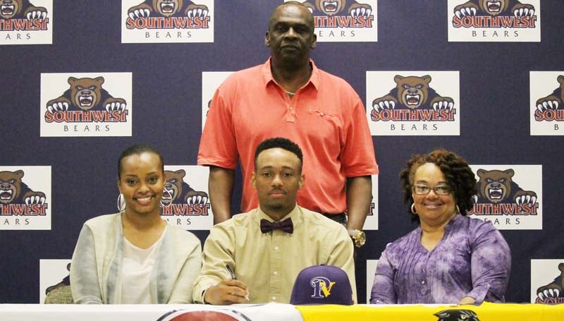 Southwest Media / Southwest's Steven Williams has signed with the Prairie View A&M baseball team. Pictured with Williams is his sister Alexxia Tucker (left), his mother Sheila Williams (right) and his father Steve Williams (standing).