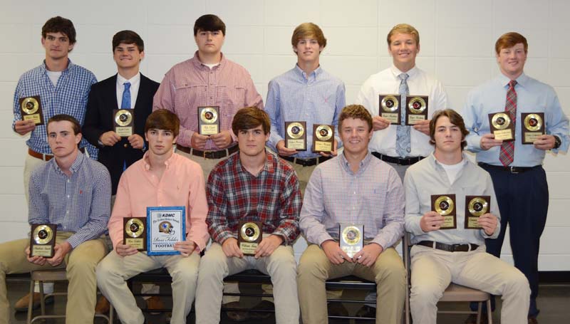 Daily Leader / Marty Albright / The Brookhaven Academy football team was honored during the school's Monday night athletic banquet. Players receiving special awards were (seated, from left) Madison Smith, All-District; Ross Felder, KDMC Golden Helmet, All-District; William King, All-District; Jon Taylor Cline, All-District; Connor Griffin, Cougar Award, All-District; (standing) Price King, All-District; Zach Carr, All-District; Kyle Cupit, All-District; Fisher Warren, Coaches Award, All-District; Roger Rushing, Most Outstanding Lineman, All-District; Carter Culbertson, Most Versatile, All-District.
