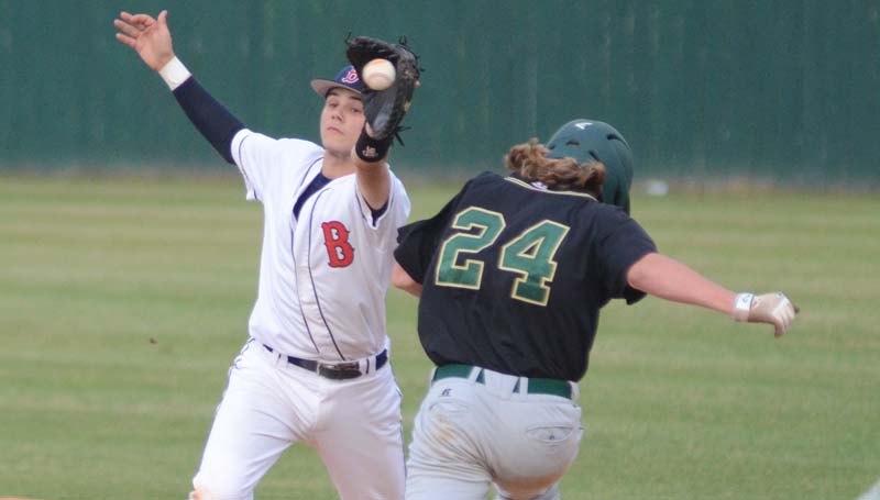 Daily Leader / Marty Albright / Brookhaven first baseman Reese Reynaud stretches to make the play as West Jones runner Hayden Bryan (24) reaches on an error Friday night at Moyer Field.