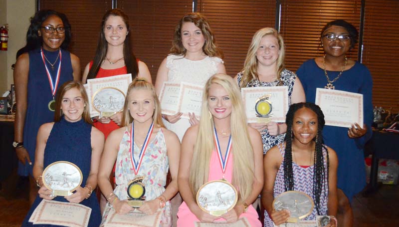 Daily Leader / Marty Albright / Receiving special awards Wednesday night at the Brookhaven Fastpitch Softball Awards Banquet were (from left, seated) Kat Wallace, Co-Most Valuable Offensive Player, All-Region; Haley Speaks, Hustle Award, Team Captain, All-Region; Katherine Shell, Most Valuable Player, Scholar Athlete Award, Team Captain, All-Region; Tia Bussey, Co-Most Valuable Offensive Player, Panther Award, All-Region; (standing) Takia Brooks, Team Captain; Macy Ziskin, Most Valuable Defensive Player, All-Region; Madison Thompson, All-Region; Jadeyn Fuller, Most Improved Player; and Jada Henderson, All-Region.