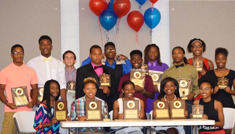 Daily Leader / Photo submitted / The Ole Brook Track and Field team members receiving special awards at Thursday night's banquet were (from left, seated) Miyah Miller, Most Valuable Distance Runner; Mya Washington, Most Valuable Field Event Participant; Danielle Culbert, Most Improved; Johnaya Williams, Most Valuable Sprinter, team captain; Artia Robinson, Scholastic Award; (standing) Kenny Bellamy, team captain; Jemaurian Jones, Most Valuable Sprinter; Caleb McCreary, Scholastic Award; Traveon Murray, Terrell Tanner Award; Deontrei Brown, Panther Award; Norman Woodard, Coaches Award; Adrian Lockwood, Most Valuable Player, Most Valuable Distance Runner; Montero Barton, Most Valuable Field Event Participant; Arnancy Arnold, Most Valuable Player; and Jerricka Williams, Terrell Tanner Award.
