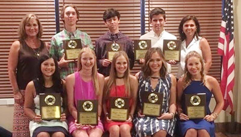 Daily Leader / Photo Submitted / The Brookhaven Tennis team received special awards Monday night during their athletic banquet. Players receiving awards were (front row, from left) Lea Allen, Most Outstanding Doubles Team; Alice Anne Walker, Most Outstanding Doubles Team; Maggie Massengill, Rookie of the Year; Jamie Sproles, Sportsmanship; Sarah Grace Evans, Heart of a Champion; (back row) Coach Nancy Fisher; Dalton Fortado, Rookie of the Year; Daniel Panzica, Most Valuable Player; Daniel Clark, Scholastic and Panther Award; and Coach Shannon Clark.